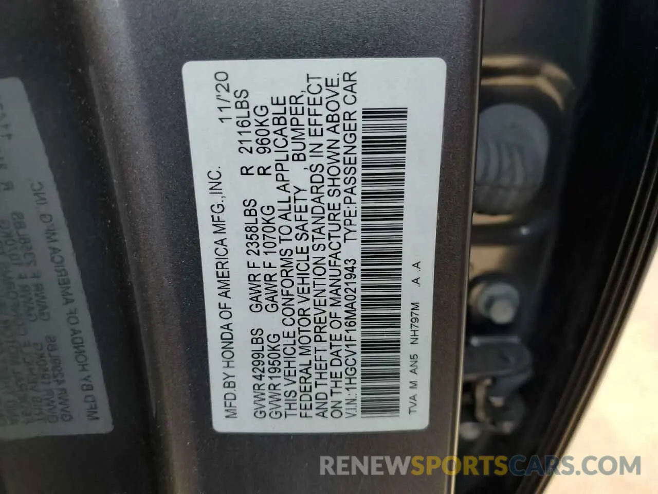 12 Photograph of a damaged car 1HGCV1F16MA021943 HONDA ACCORD 2021