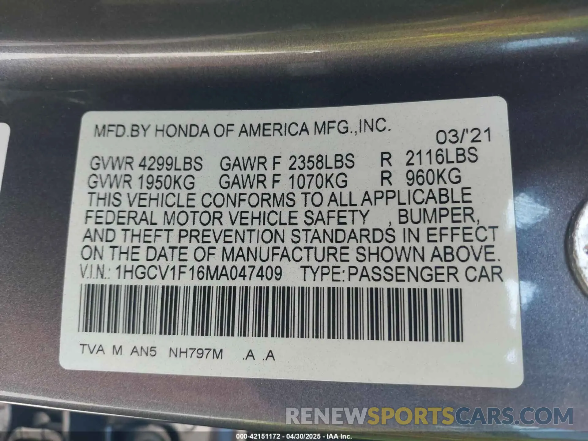 9 Photograph of a damaged car 1HGCV1F16MA047409 HONDA ACCORD 2021