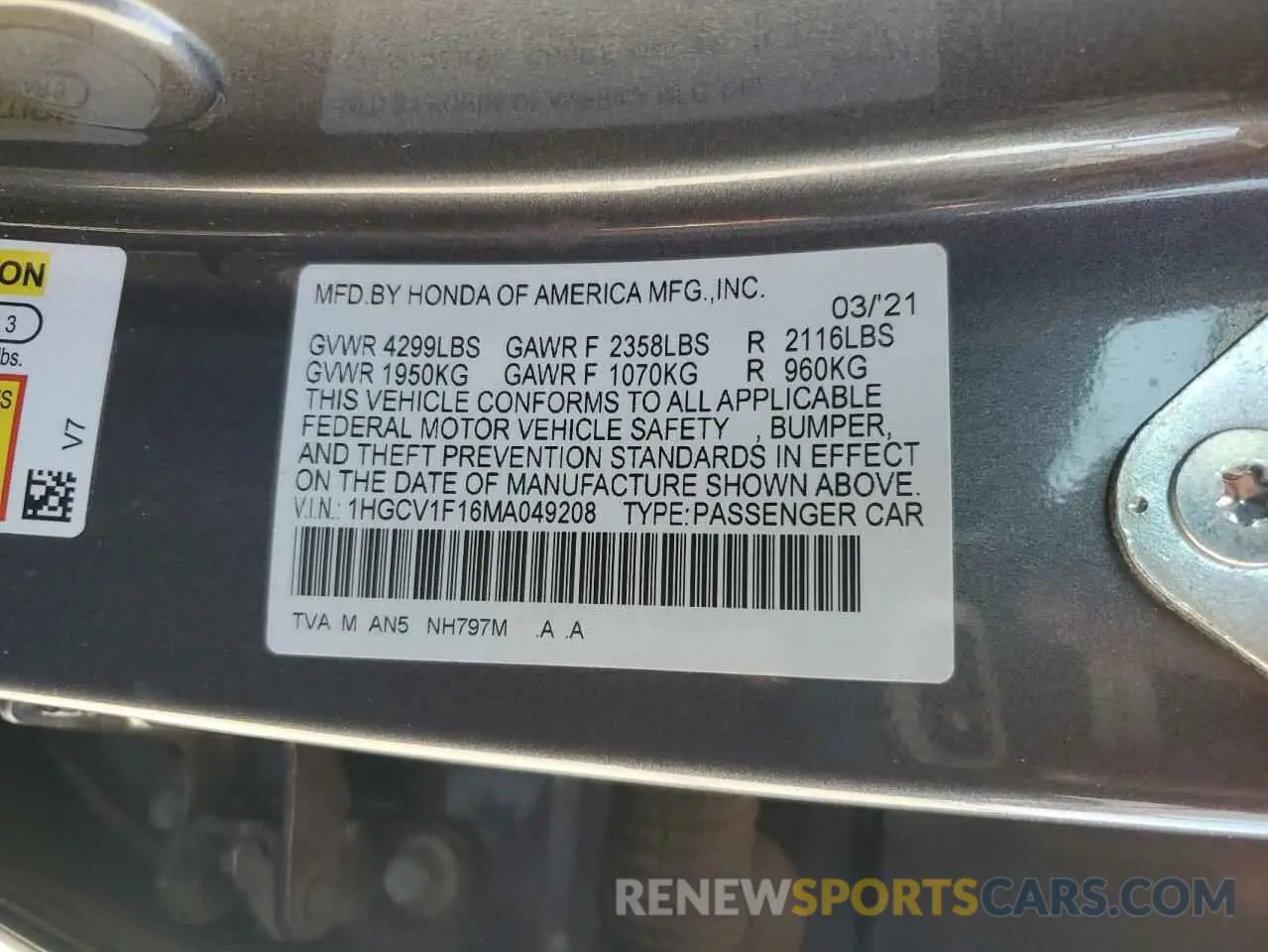 12 Photograph of a damaged car 1HGCV1F16MA049208 HONDA ACCORD 2021