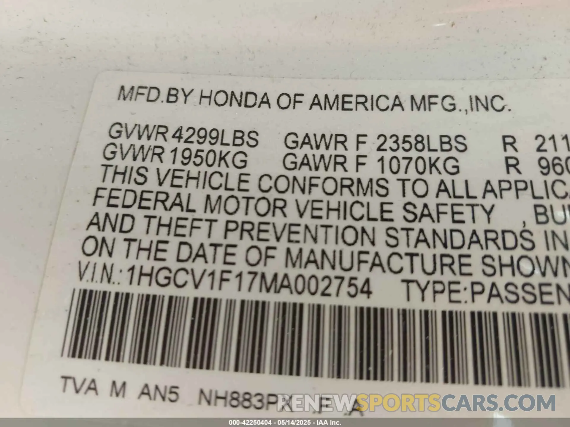 9 Photograph of a damaged car 1HGCV1F17MA002754 HONDA ACCORD 2021