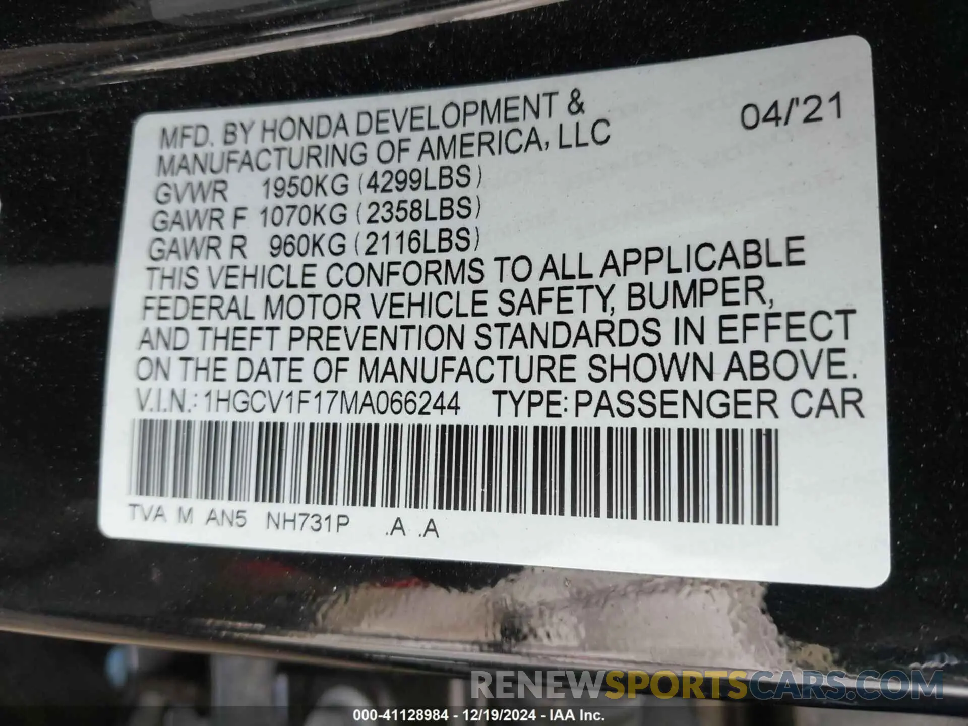 9 Photograph of a damaged car 1HGCV1F17MA066244 HONDA ACCORD 2021