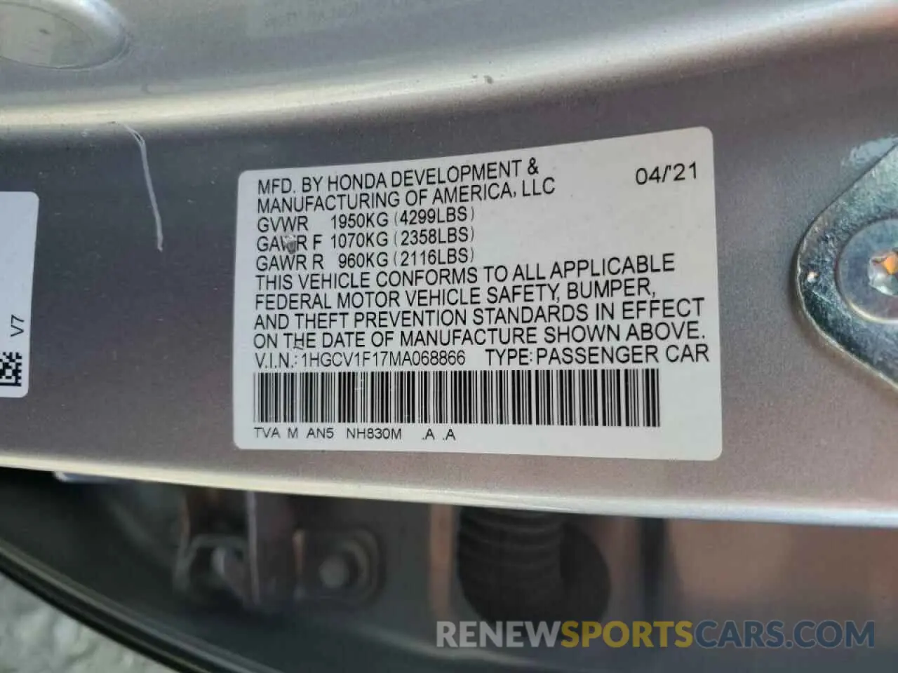 12 Photograph of a damaged car 1HGCV1F17MA068866 HONDA ACCORD 2021