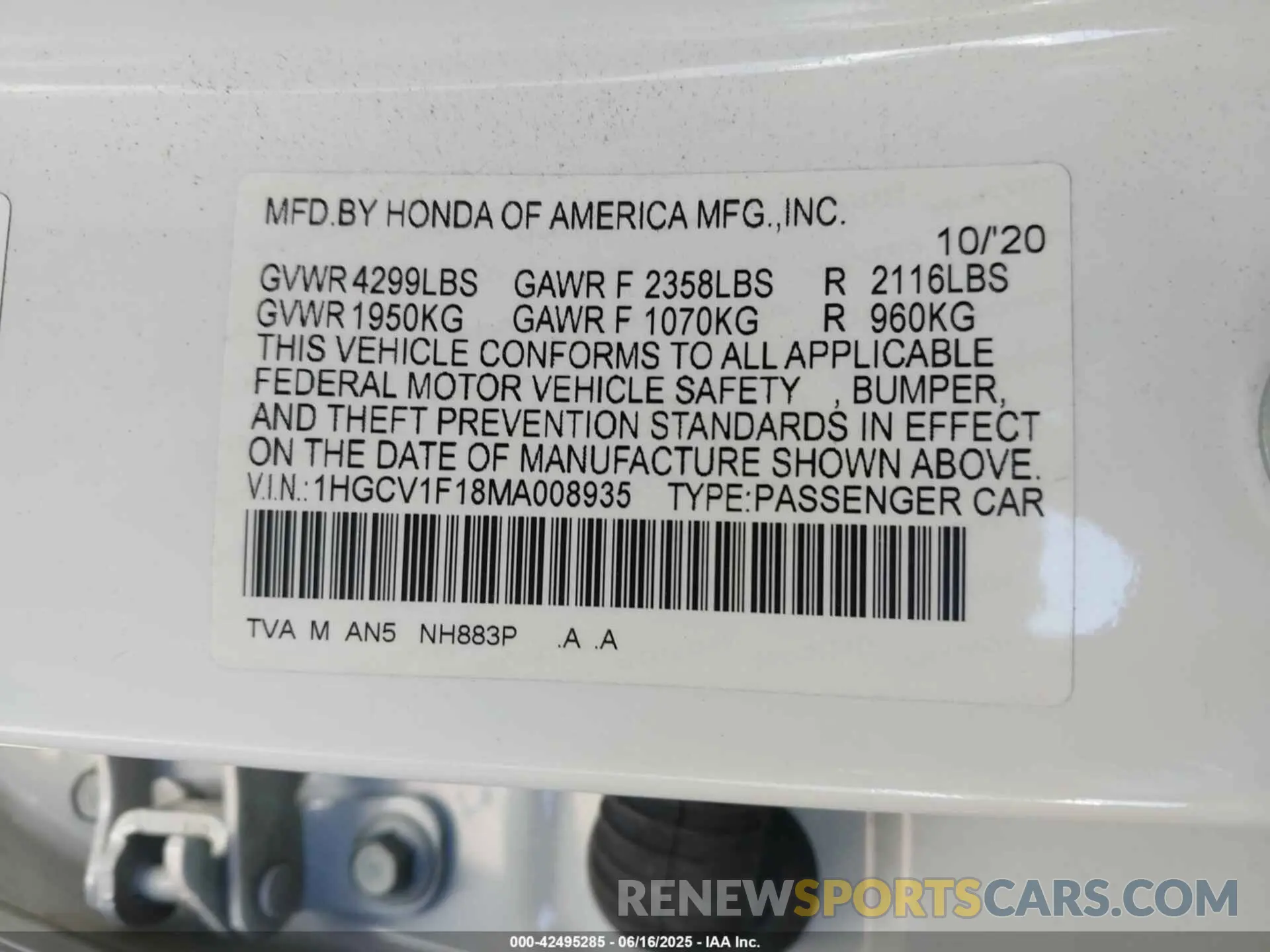 9 Photograph of a damaged car 1HGCV1F18MA008935 HONDA ACCORD 2021