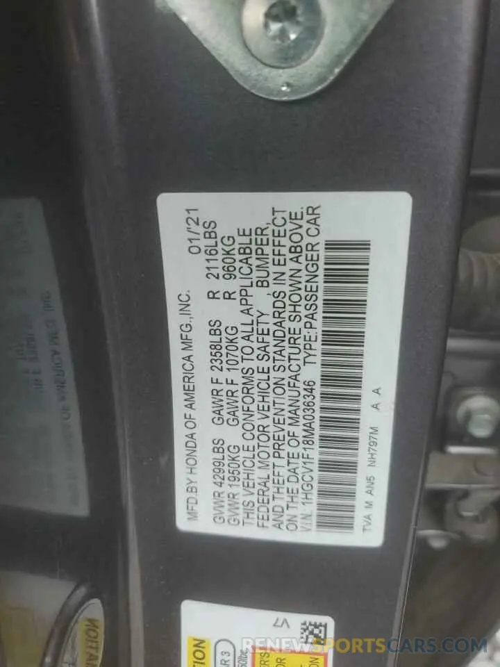12 Photograph of a damaged car 1HGCV1F18MA036346 HONDA ACCORD 2021