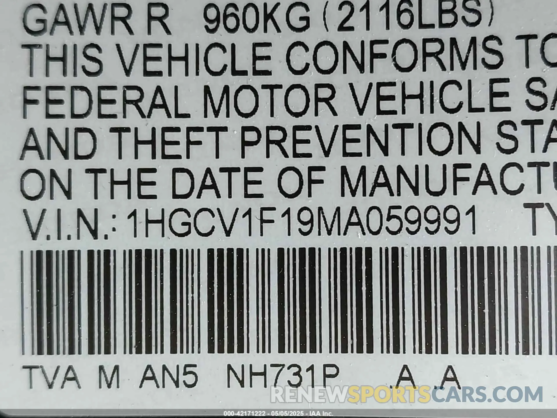 9 Photograph of a damaged car 1HGCV1F19MA059991 HONDA ACCORD 2021