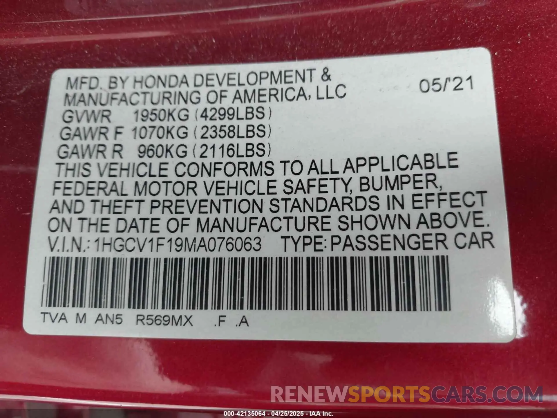 9 Photograph of a damaged car 1HGCV1F19MA076063 HONDA ACCORD 2021