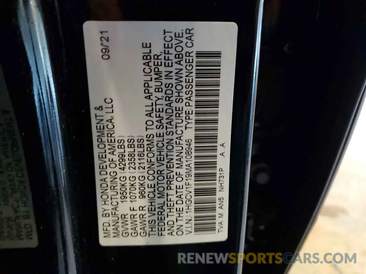 12 Photograph of a damaged car 1HGCV1F19MA108946 HONDA ACCORD 2021