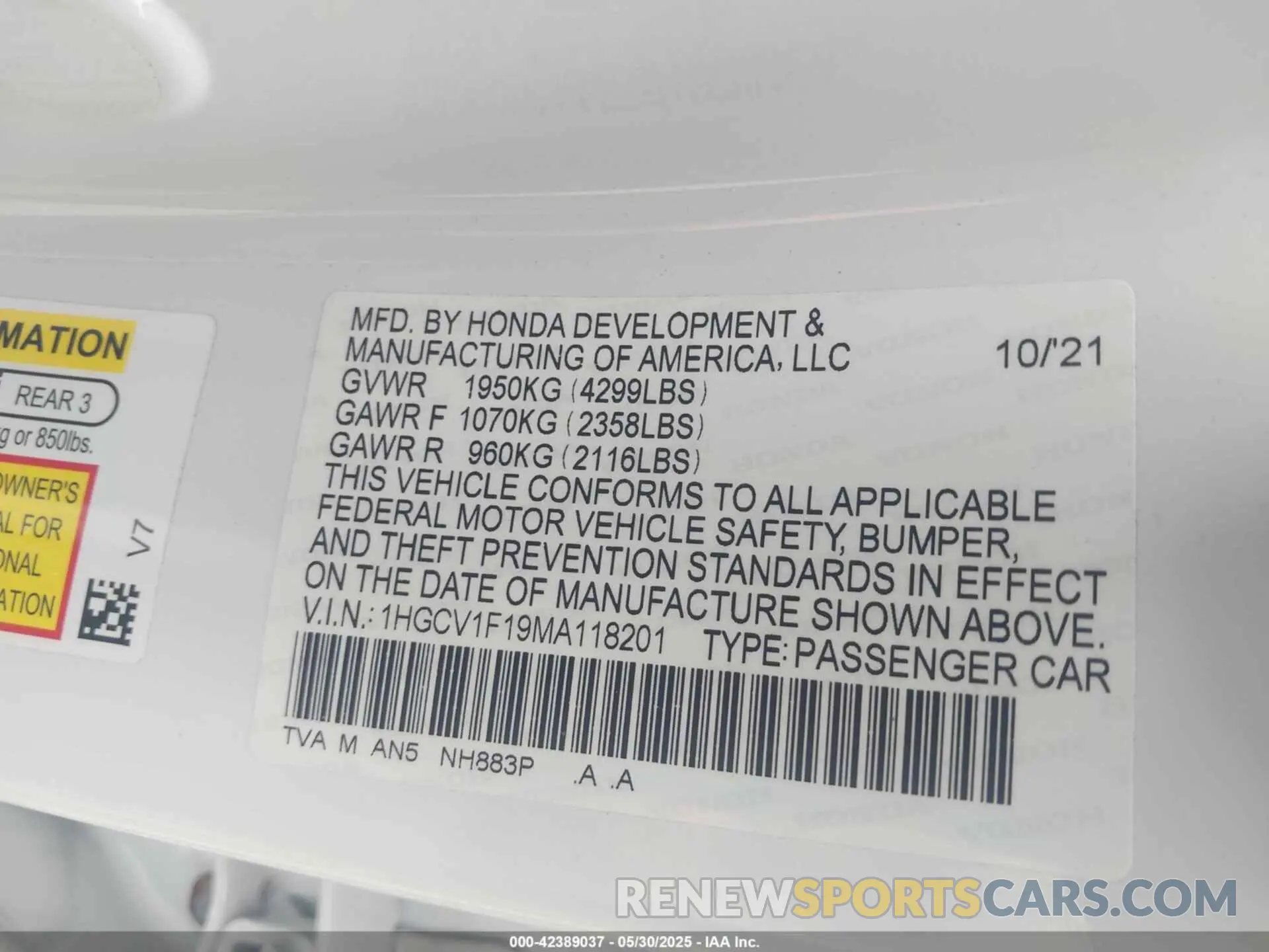 9 Photograph of a damaged car 1HGCV1F19MA118201 HONDA ACCORD 2021