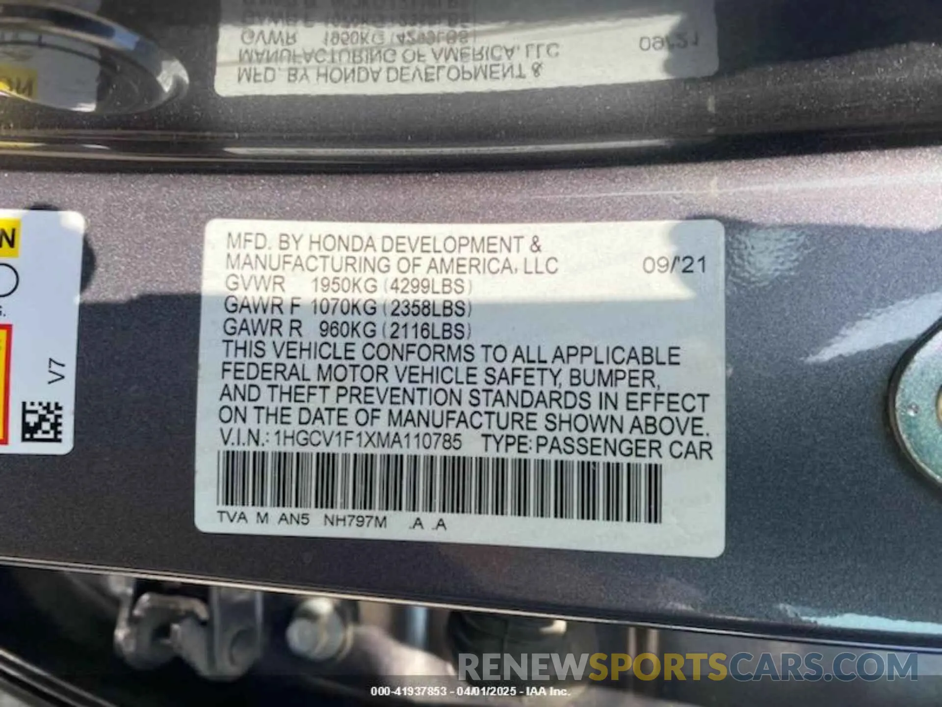 8 Photograph of a damaged car 1HGCV1F1XMA110785 HONDA ACCORD 2021