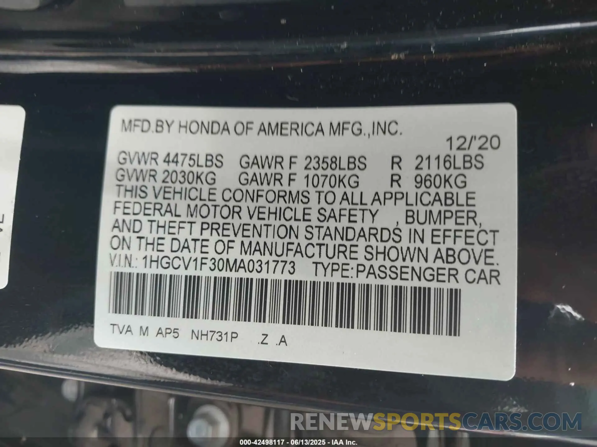 9 Photograph of a damaged car 1HGCV1F30MA031773 HONDA ACCORD 2021