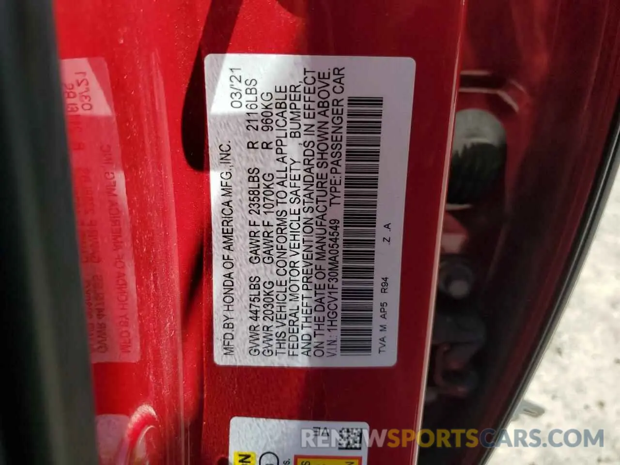 13 Photograph of a damaged car 1HGCV1F30MA054549 HONDA ACCORD 2021