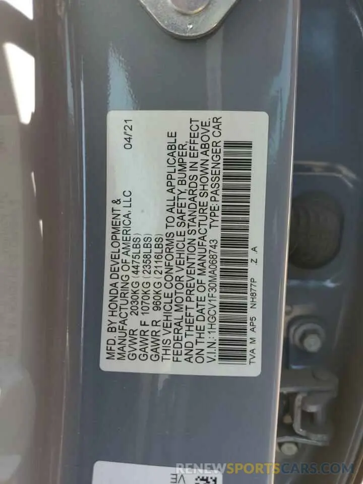 12 Photograph of a damaged car 1HGCV1F30MA068743 HONDA ACCORD 2021