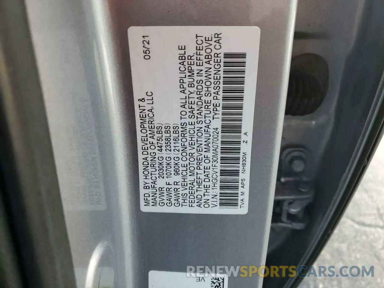13 Photograph of a damaged car 1HGCV1F30MA070024 HONDA ACCORD 2021