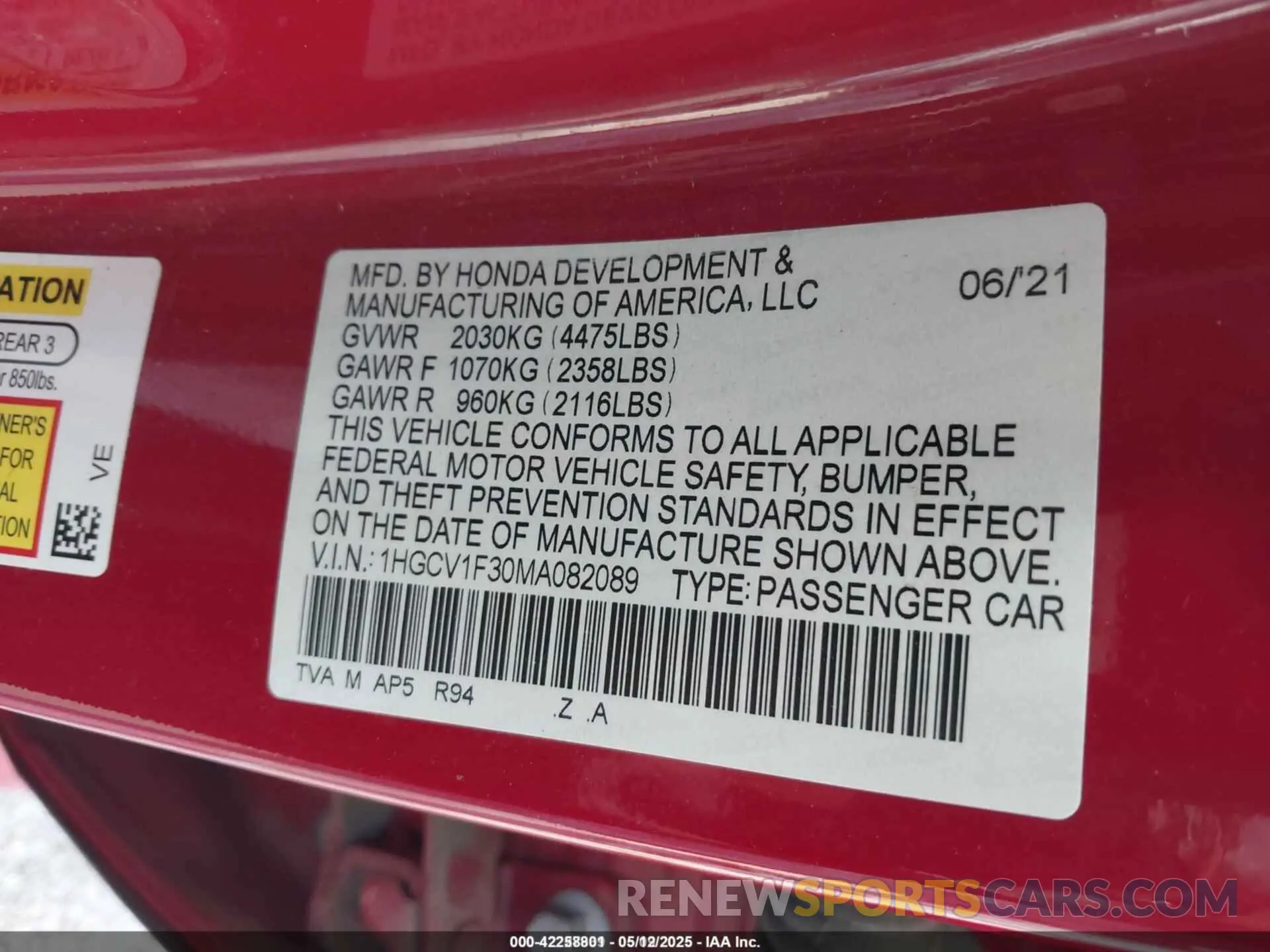 9 Photograph of a damaged car 1HGCV1F30MA082089 HONDA ACCORD 2021