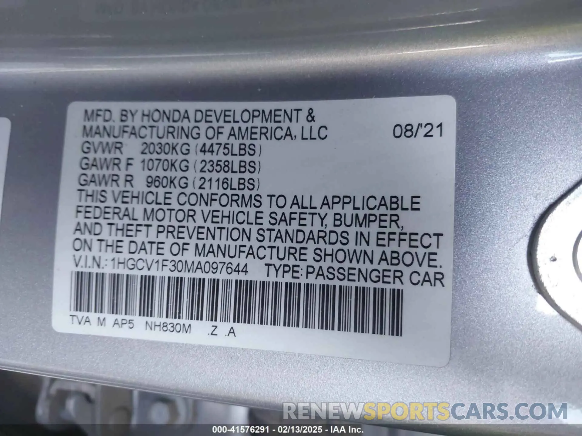 9 Photograph of a damaged car 1HGCV1F30MA097644 HONDA ACCORD 2021
