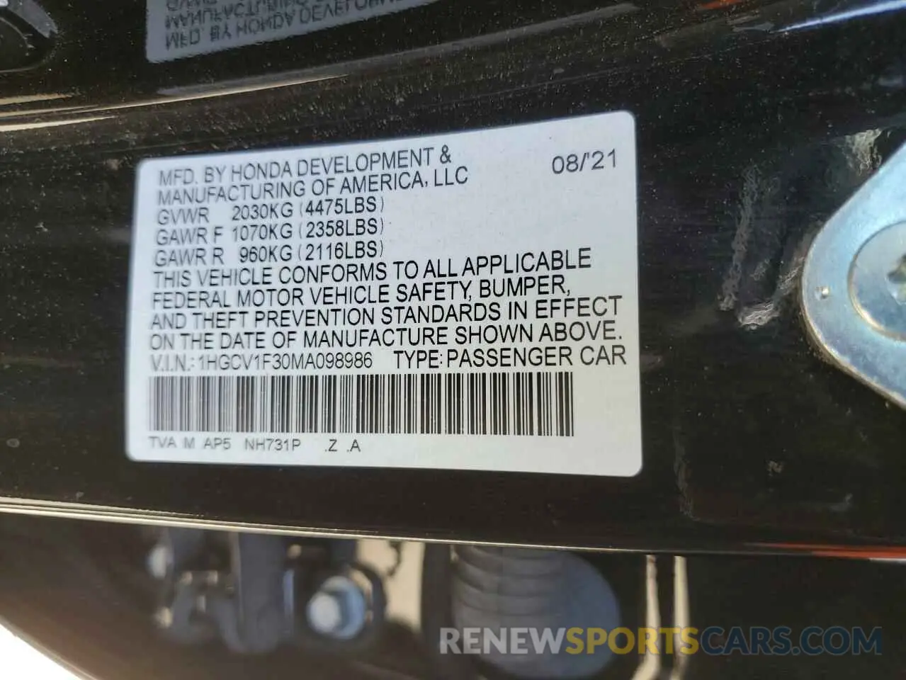 14 Photograph of a damaged car 1HGCV1F30MA098986 HONDA ACCORD 2021