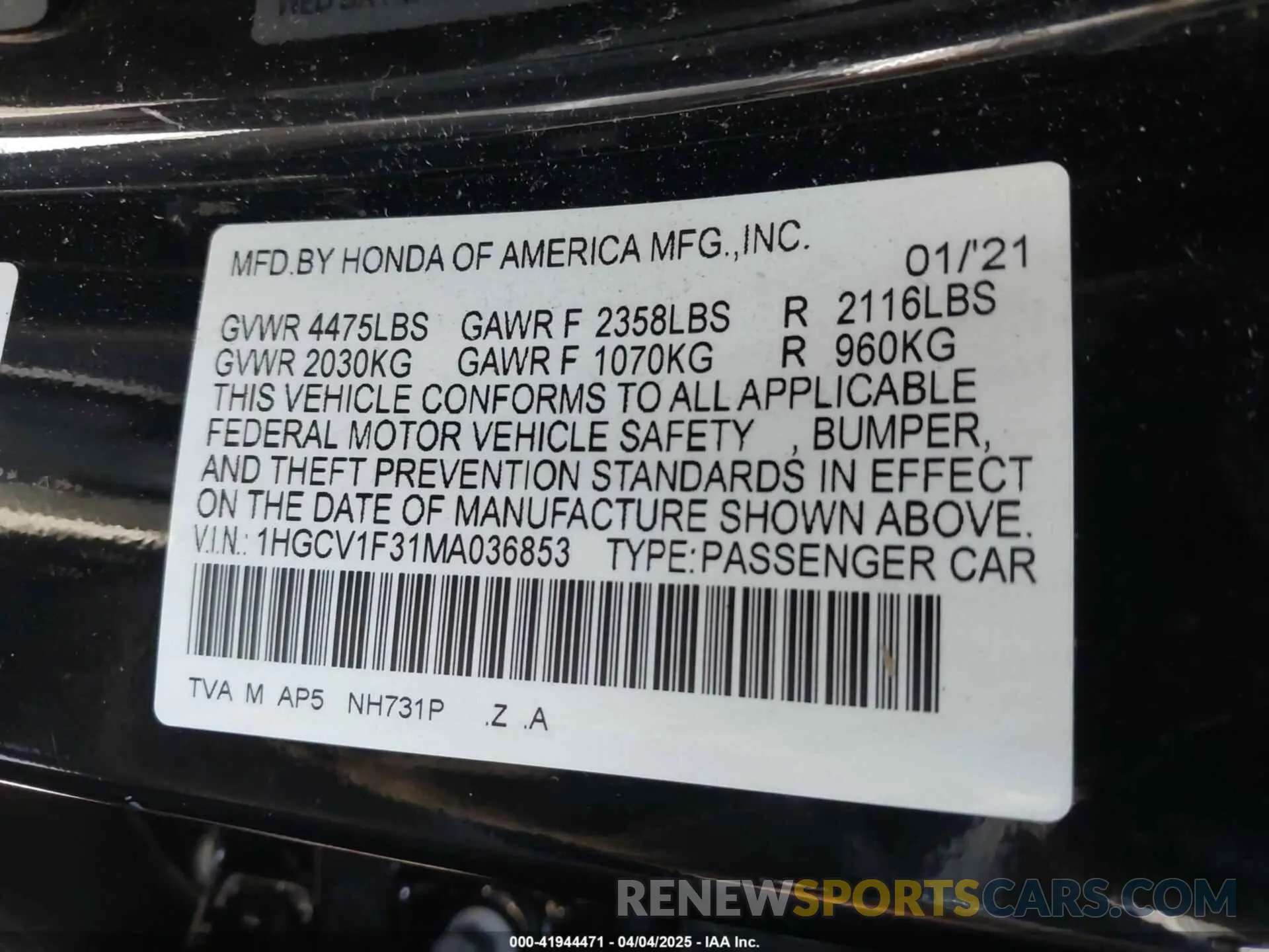 9 Photograph of a damaged car 1HGCV1F31MA036853 HONDA ACCORD 2021