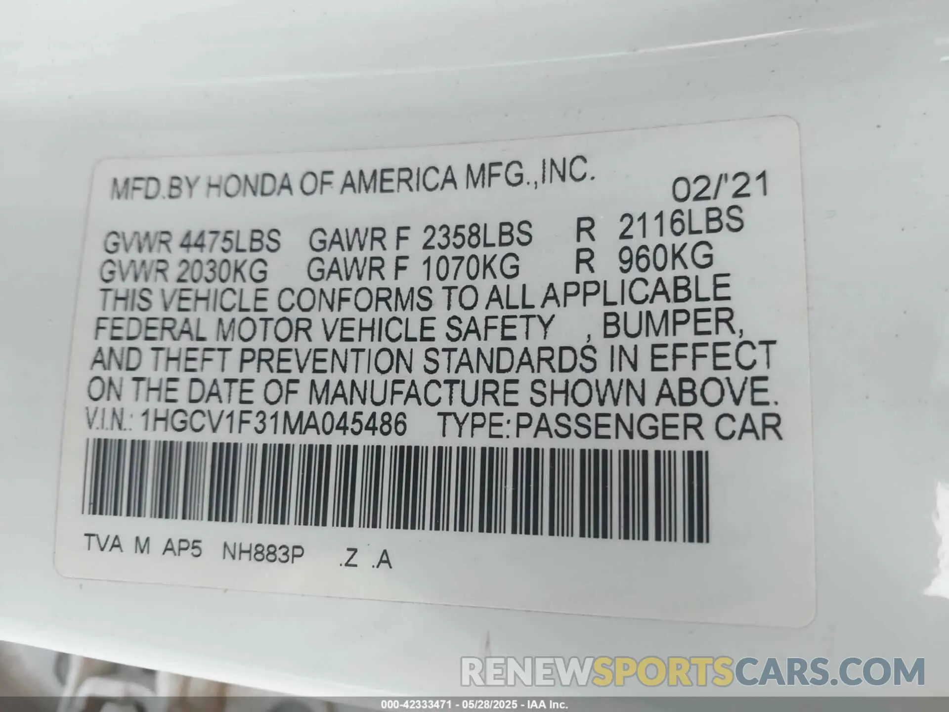 9 Photograph of a damaged car 1HGCV1F31MA045486 HONDA ACCORD 2021
