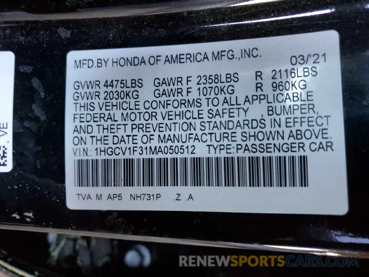 12 Photograph of a damaged car 1HGCV1F31MA050512 HONDA ACCORD 2021