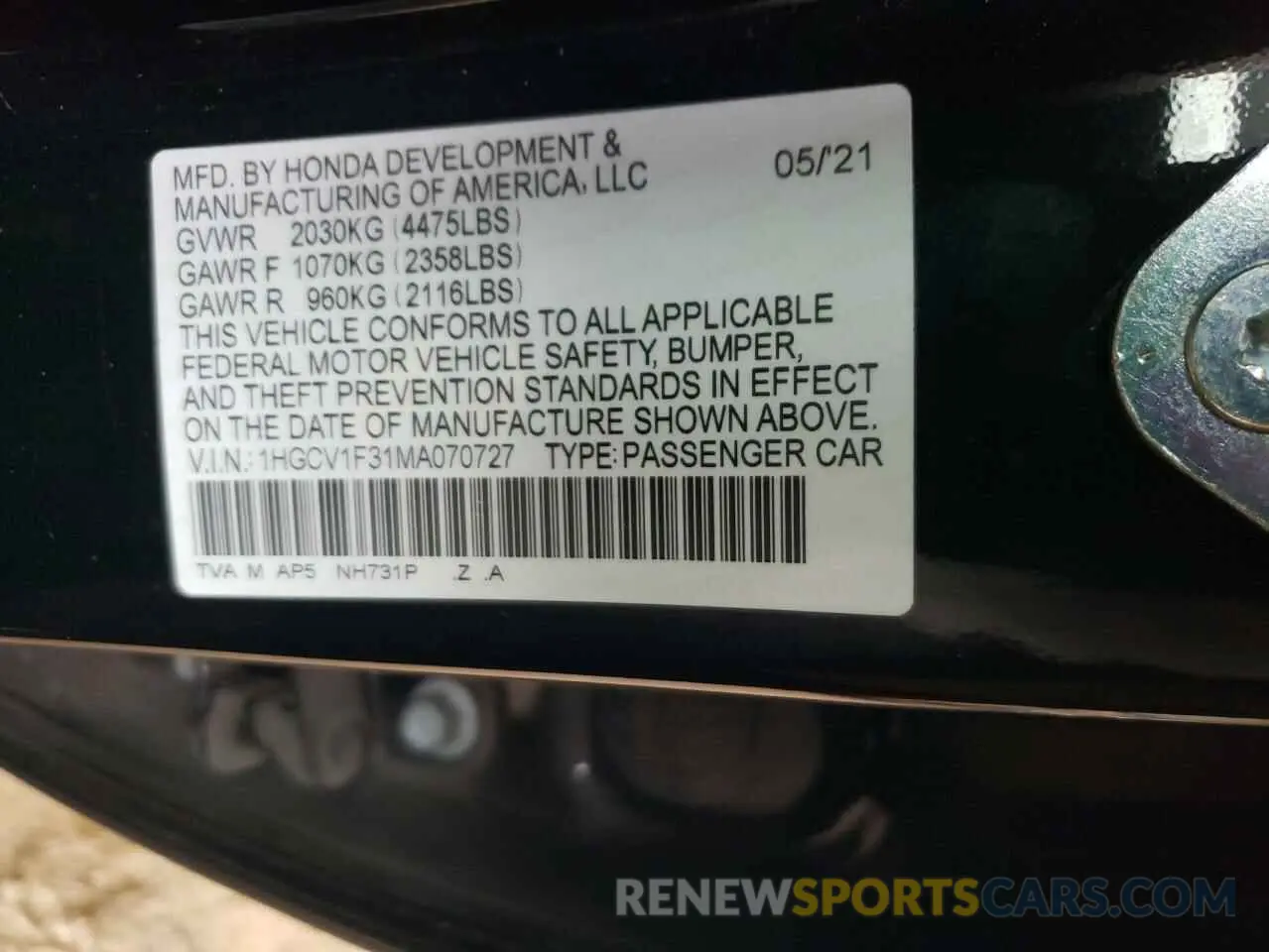12 Photograph of a damaged car 1HGCV1F31MA070727 HONDA ACCORD 2021