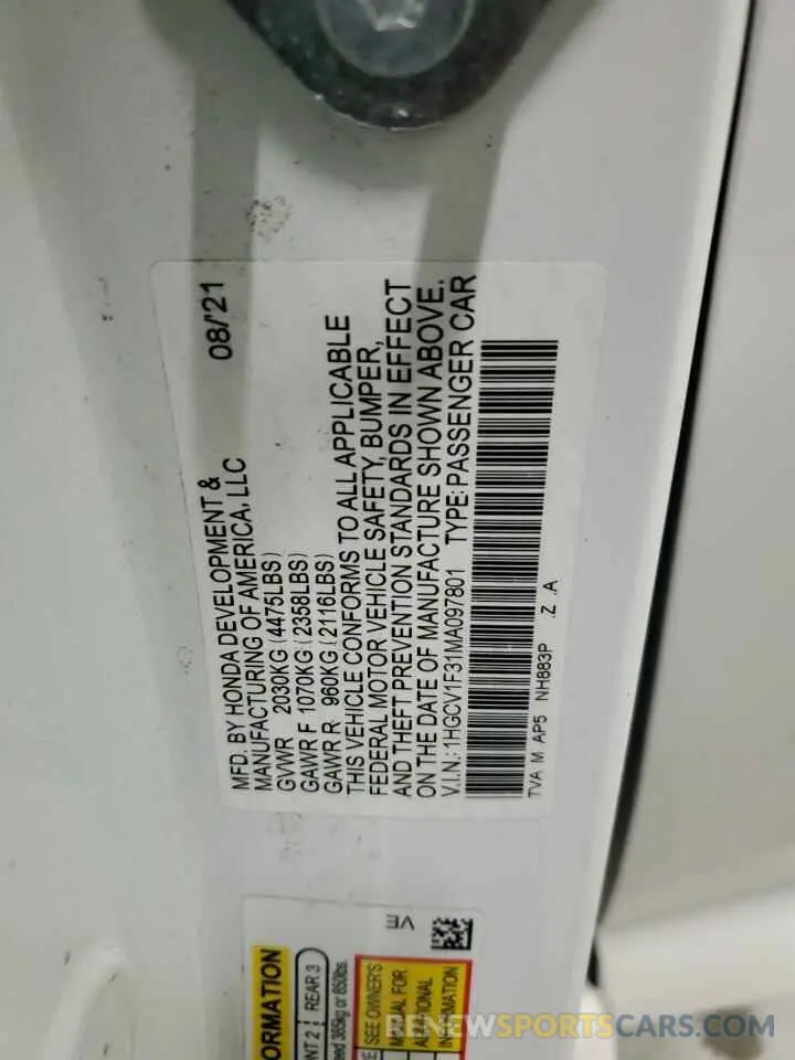 13 Photograph of a damaged car 1HGCV1F31MA097801 HONDA ACCORD 2021