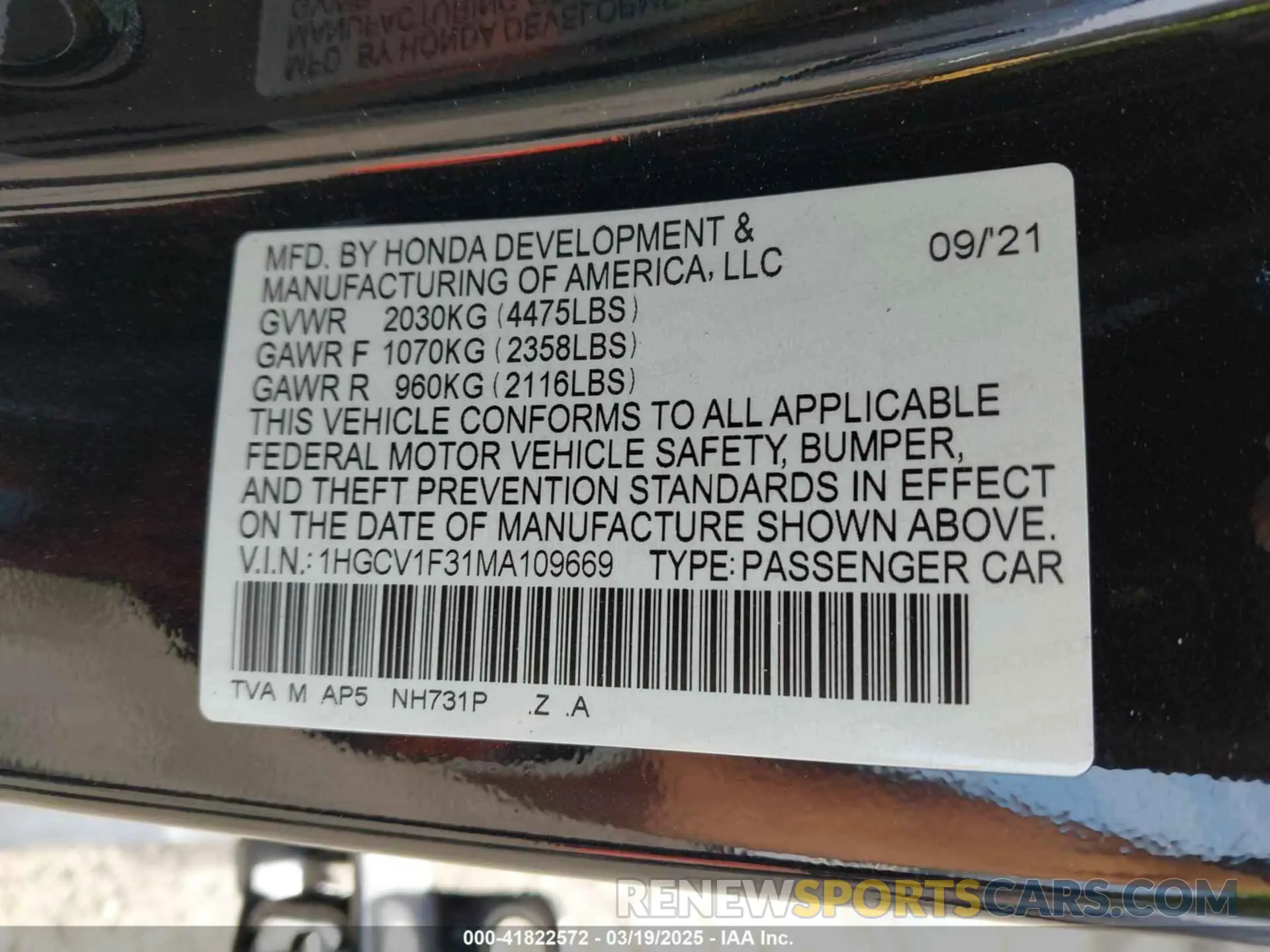 9 Photograph of a damaged car 1HGCV1F31MA109669 HONDA ACCORD 2021