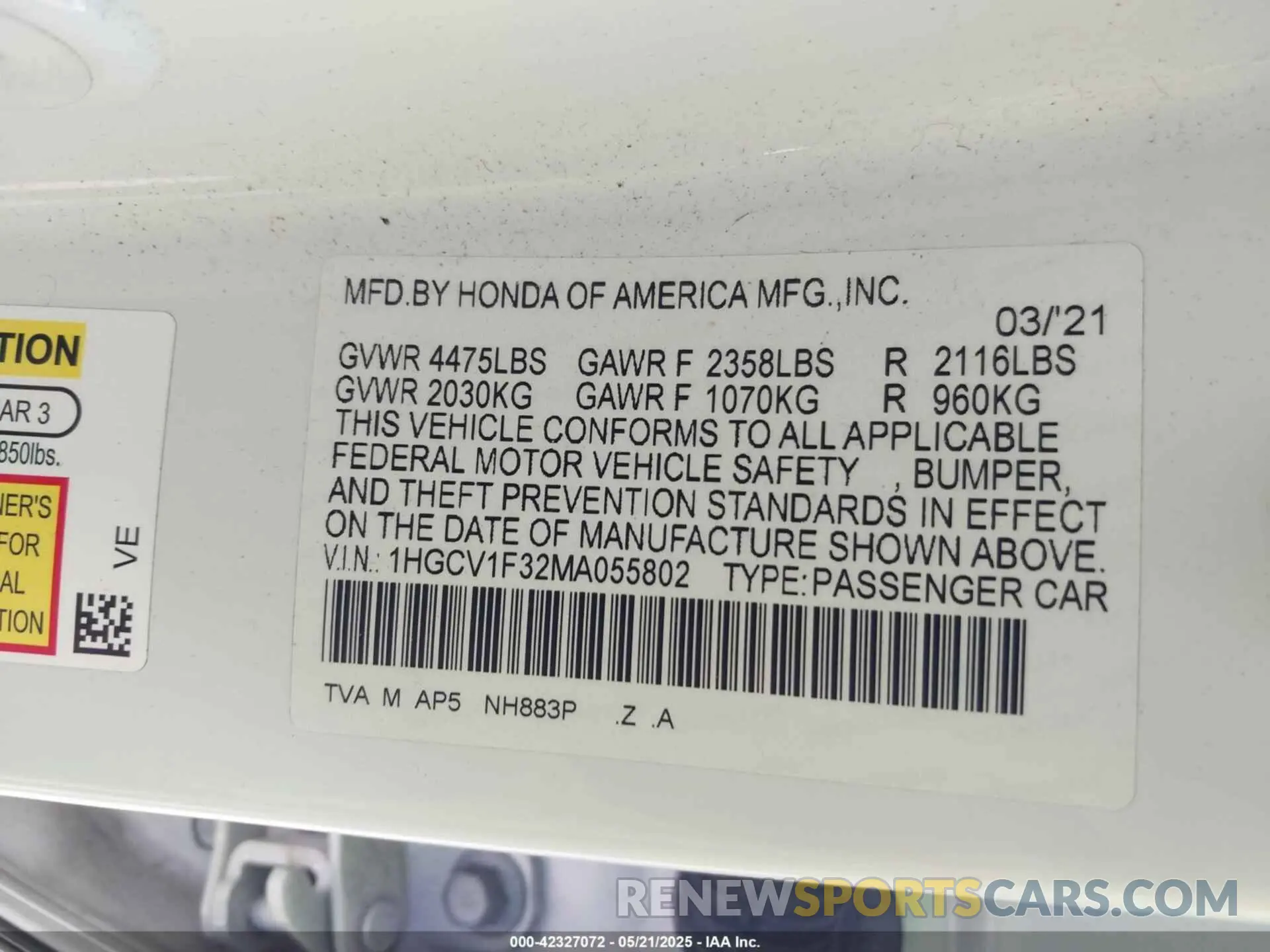 9 Photograph of a damaged car 1HGCV1F32MA055802 HONDA ACCORD 2021