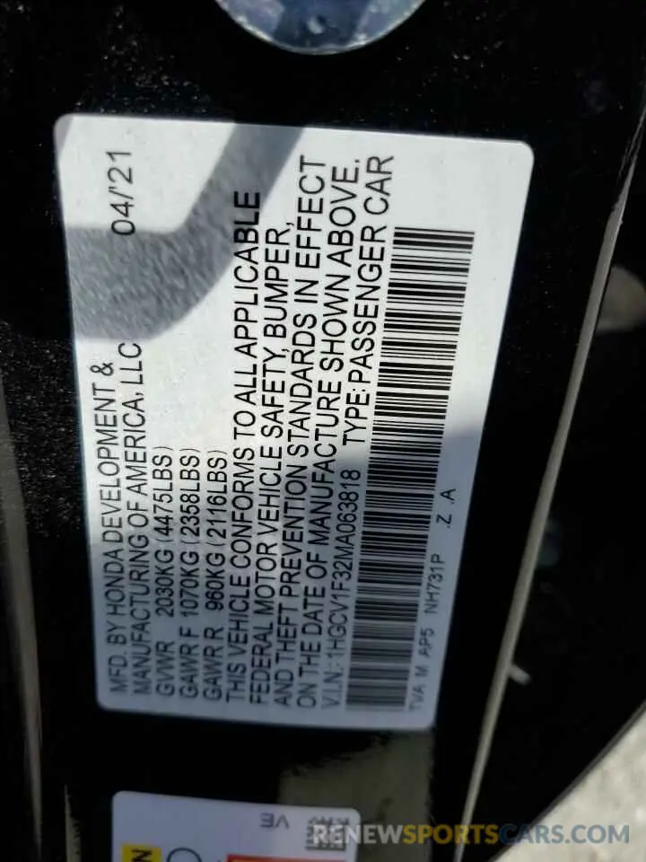 12 Photograph of a damaged car 1HGCV1F32MA063818 HONDA ACCORD 2021