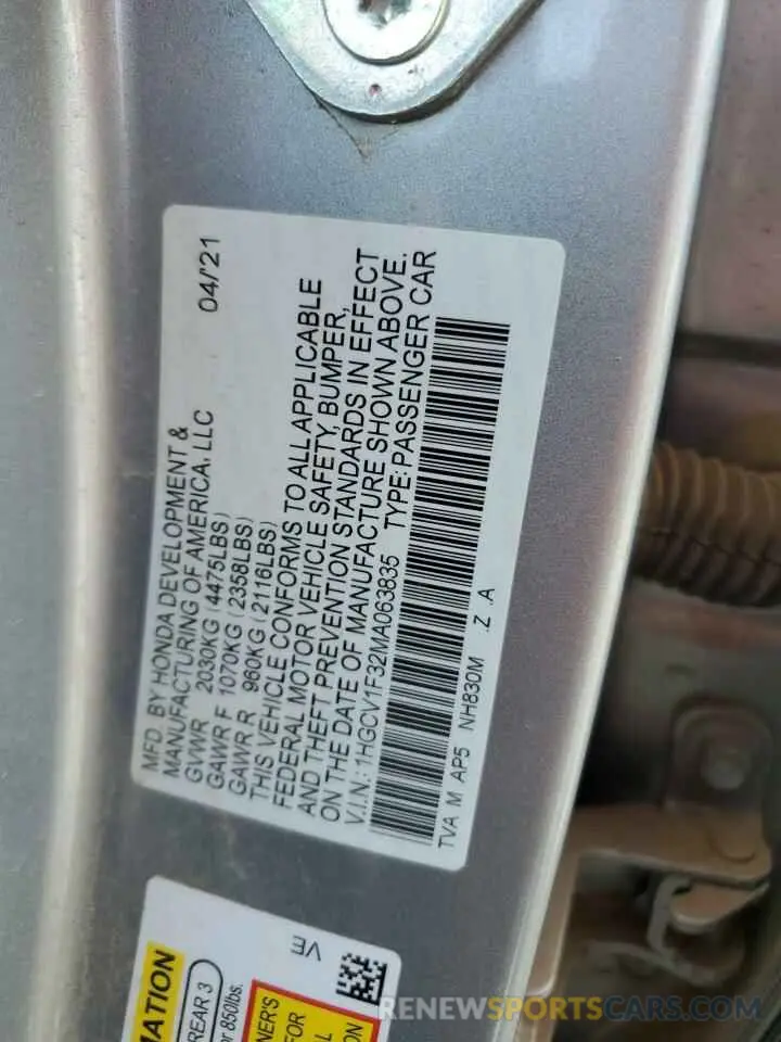 12 Photograph of a damaged car 1HGCV1F32MA063835 HONDA ACCORD 2021