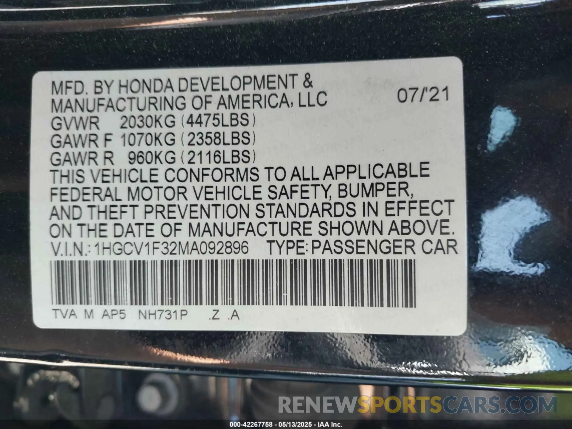 9 Photograph of a damaged car 1HGCV1F32MA092896 HONDA ACCORD 2021