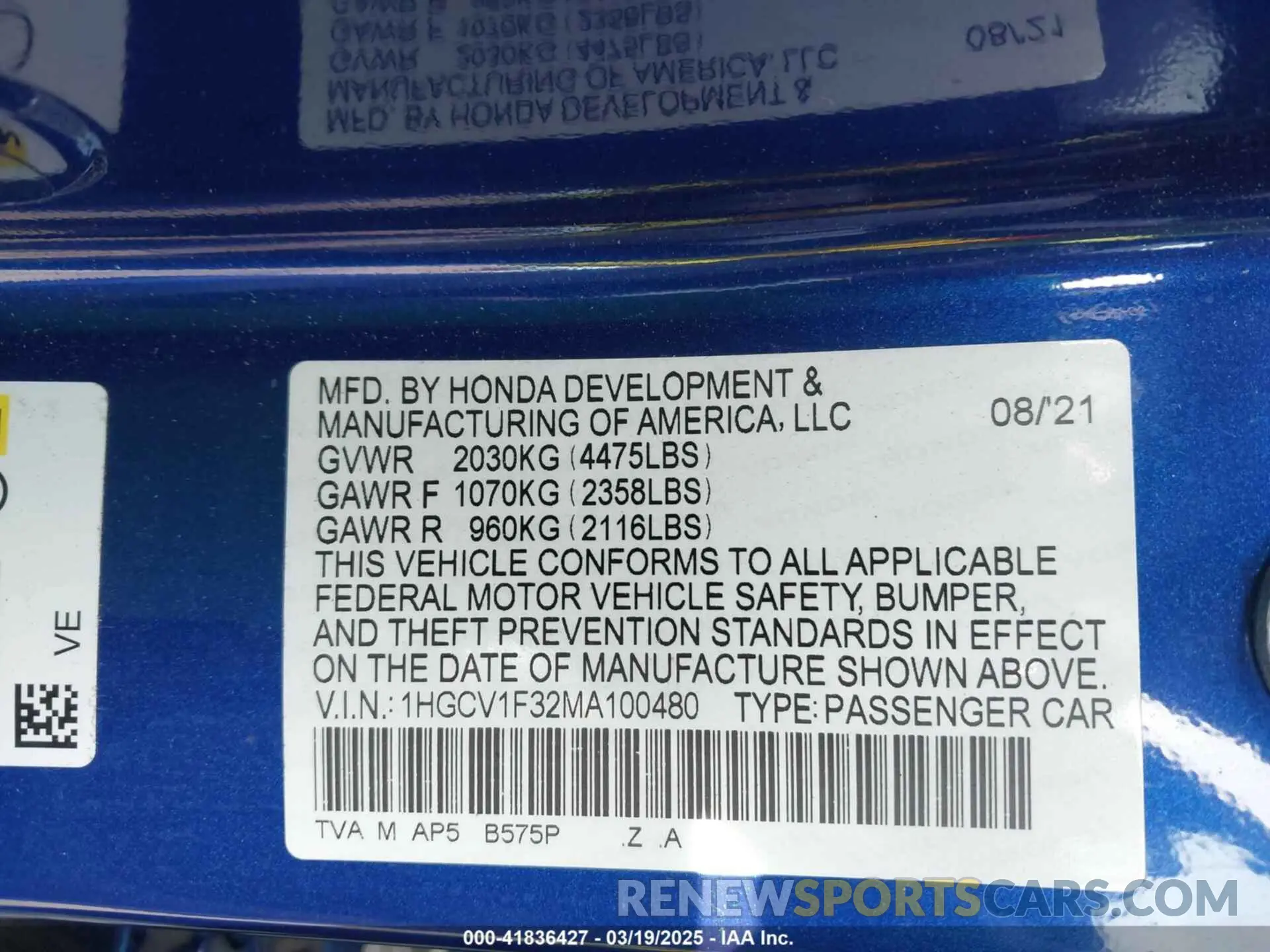 9 Photograph of a damaged car 1HGCV1F32MA100480 HONDA ACCORD 2021