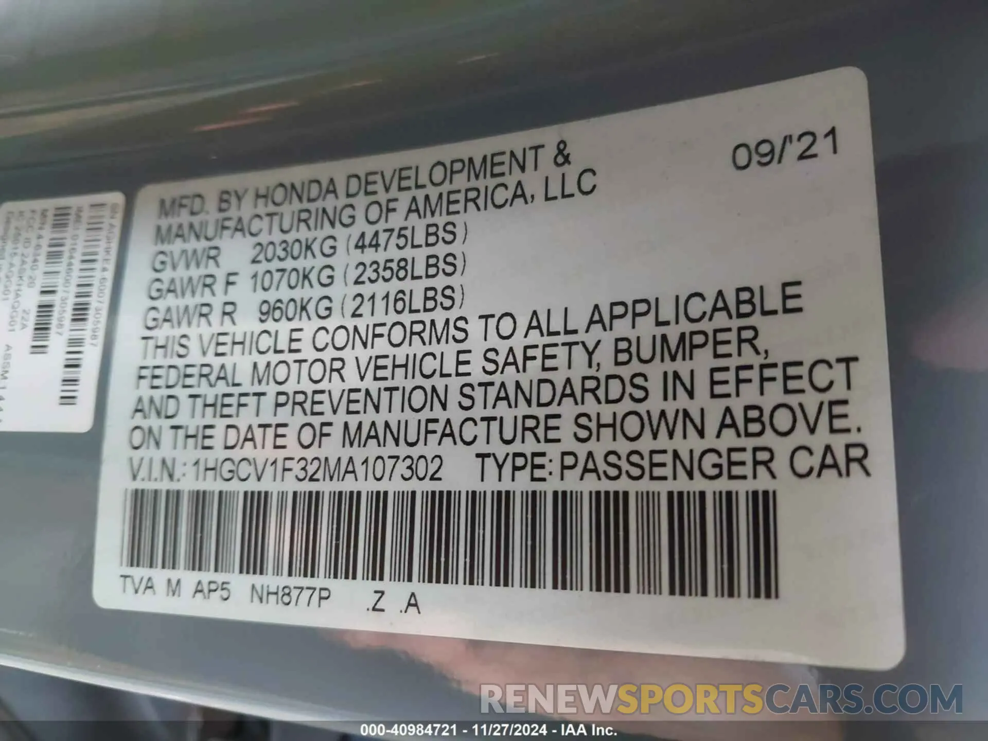 9 Photograph of a damaged car 1HGCV1F32MA107302 HONDA ACCORD 2021