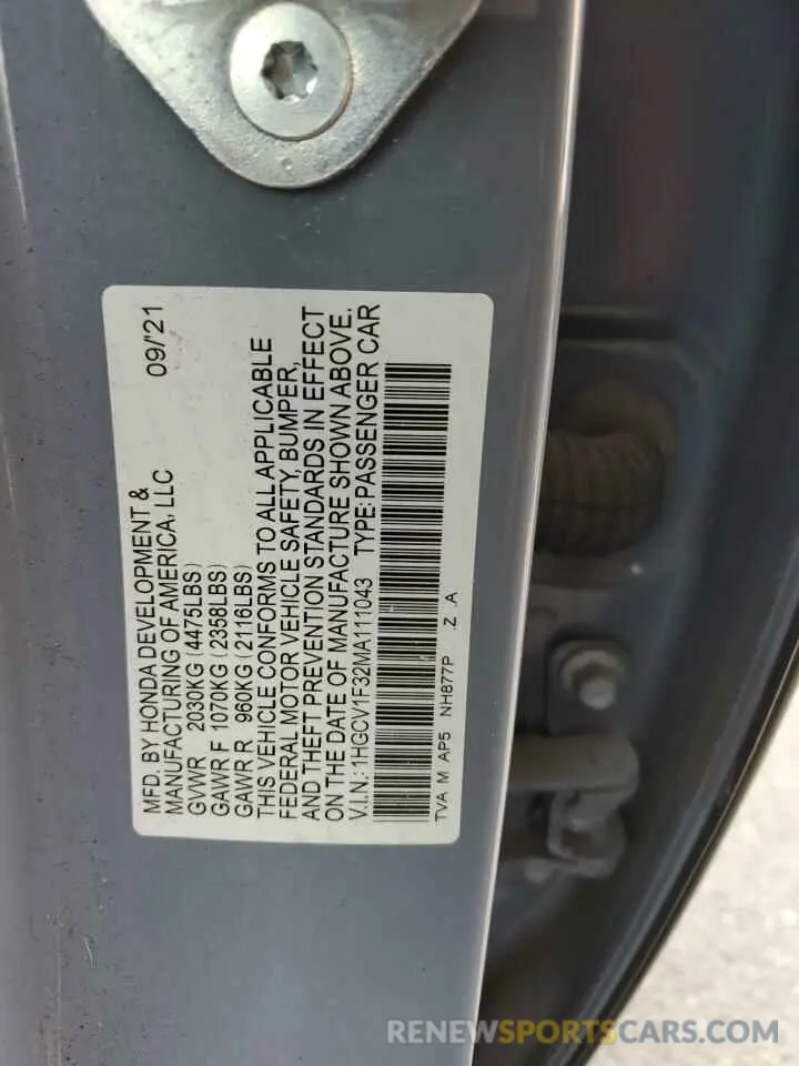 13 Photograph of a damaged car 1HGCV1F32MA111043 HONDA ACCORD 2021