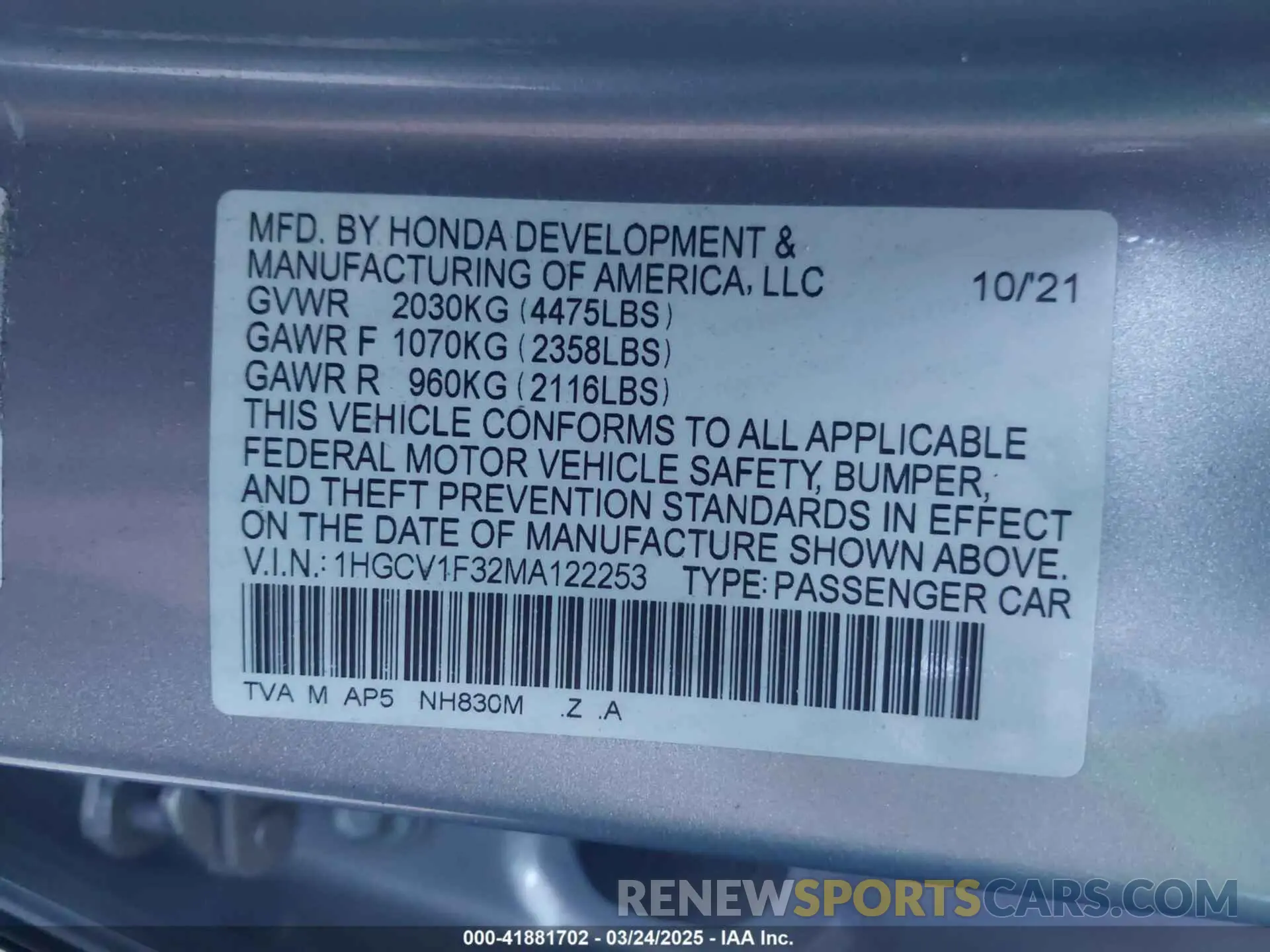 9 Photograph of a damaged car 1HGCV1F32MA122253 HONDA ACCORD 2021
