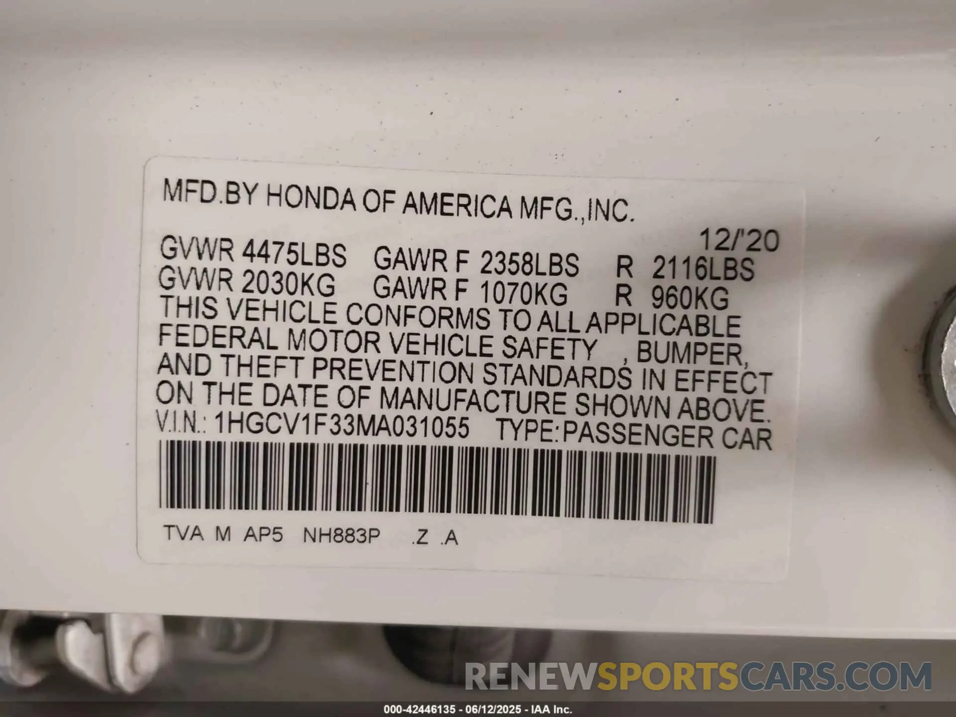 9 Photograph of a damaged car 1HGCV1F33MA031055 HONDA ACCORD 2021