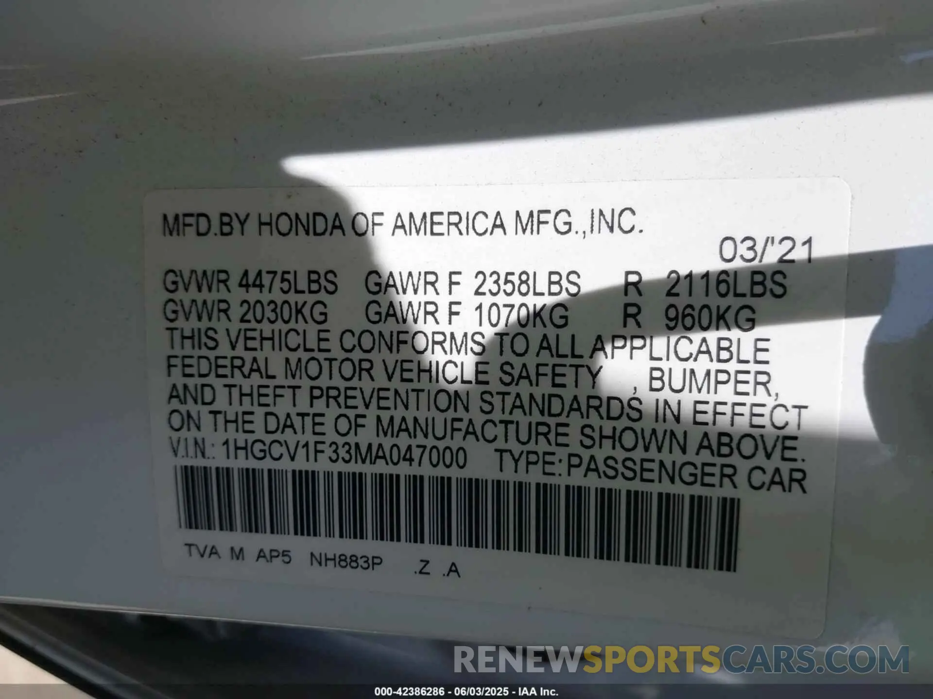9 Photograph of a damaged car 1HGCV1F33MA047000 HONDA ACCORD 2021
