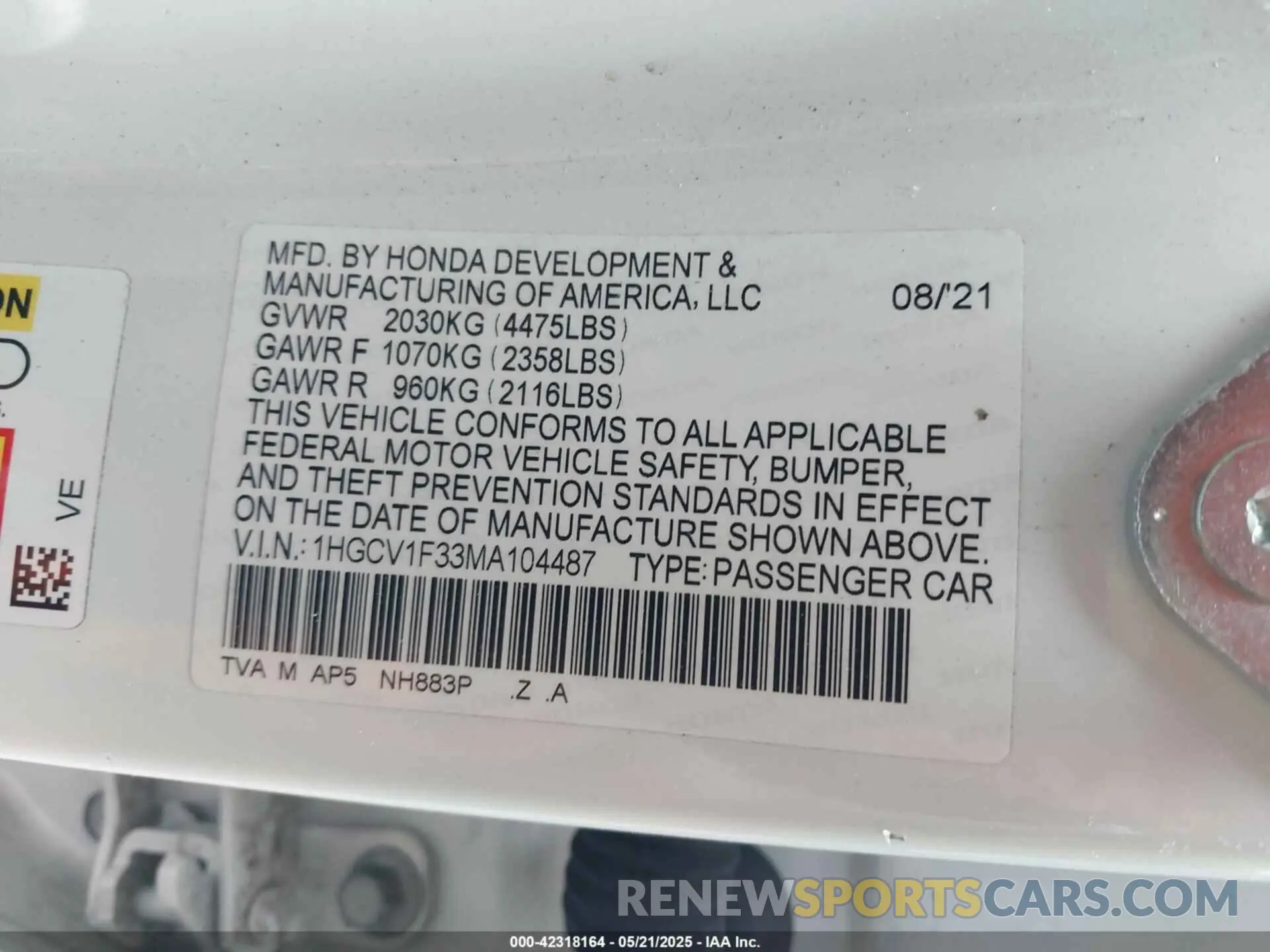 9 Photograph of a damaged car 1HGCV1F33MA104487 HONDA ACCORD 2021