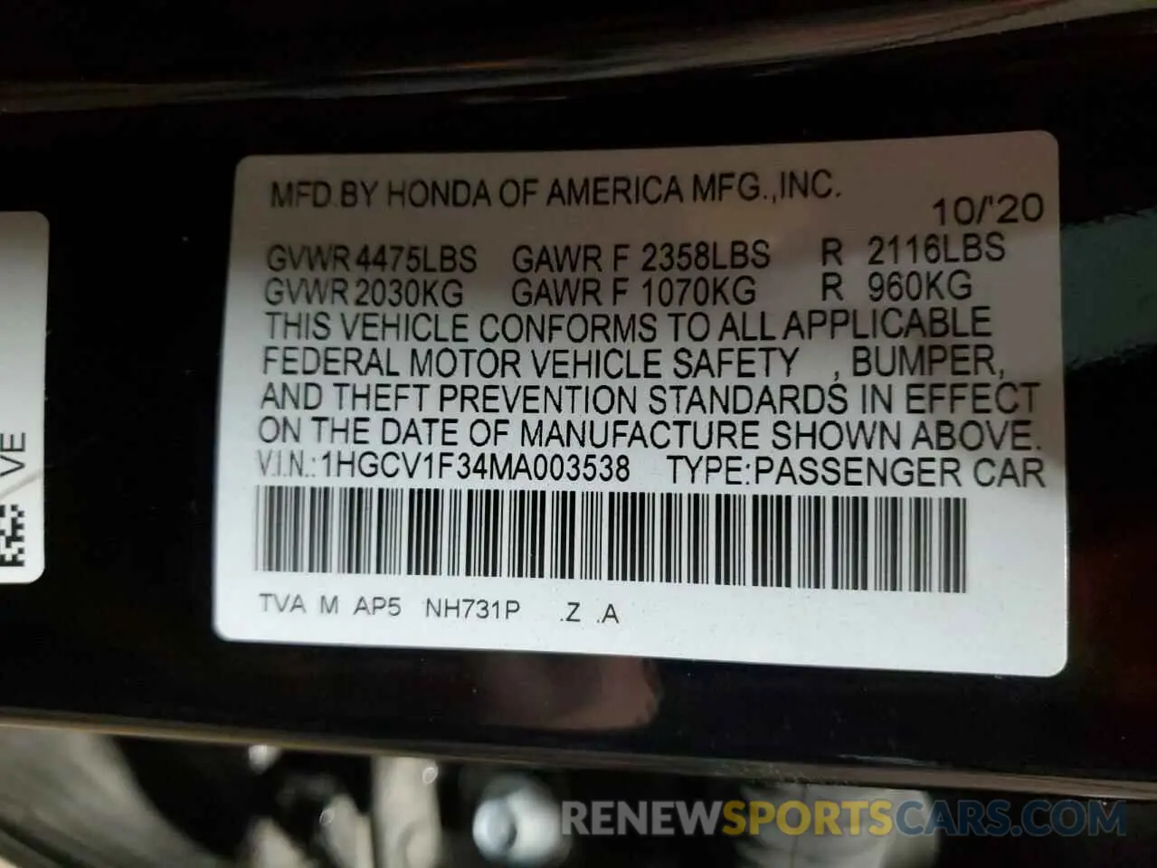 14 Photograph of a damaged car 1HGCV1F34MA003538 HONDA ACCORD 2021
