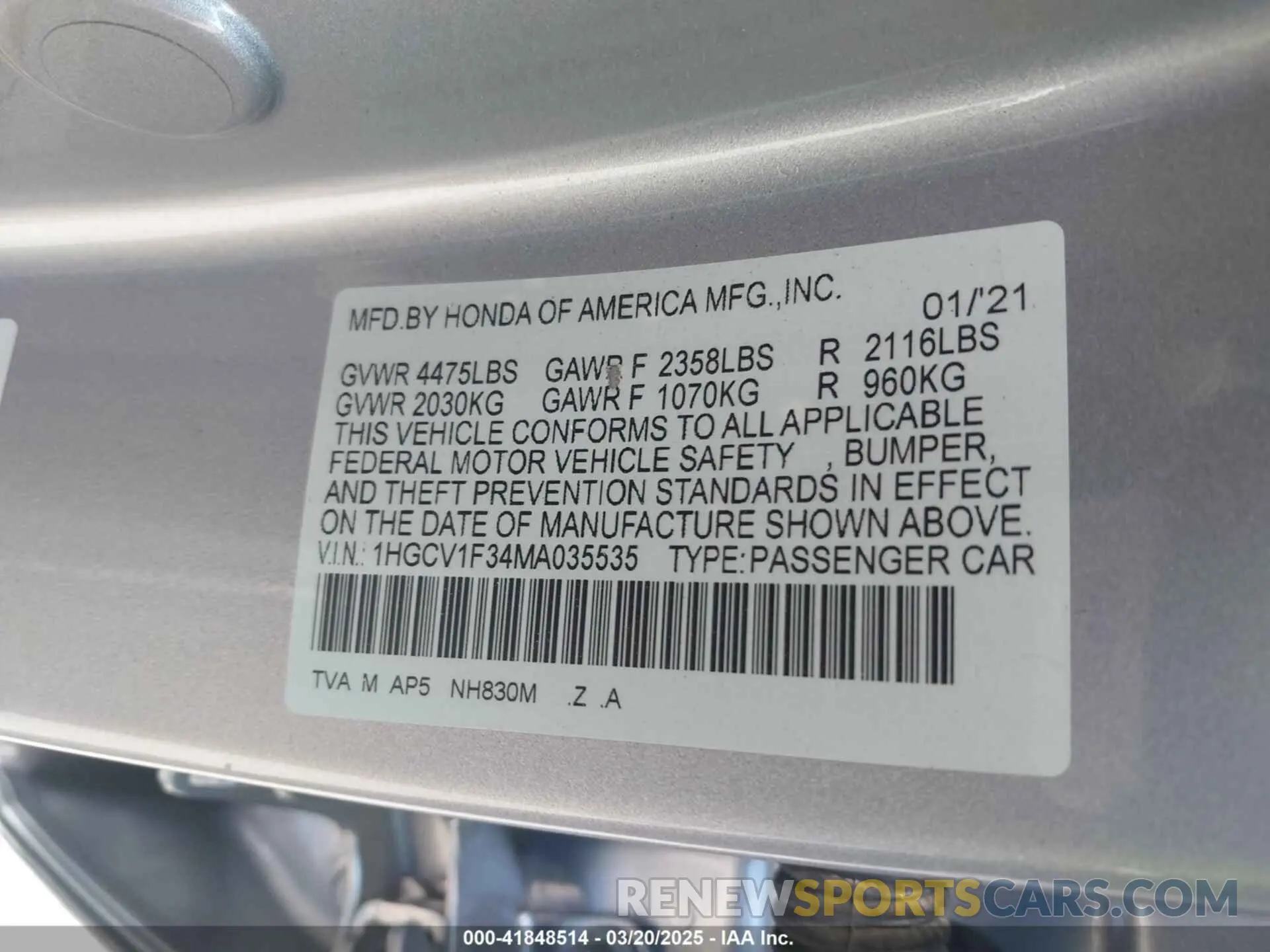 9 Photograph of a damaged car 1HGCV1F34MA035535 HONDA ACCORD 2021