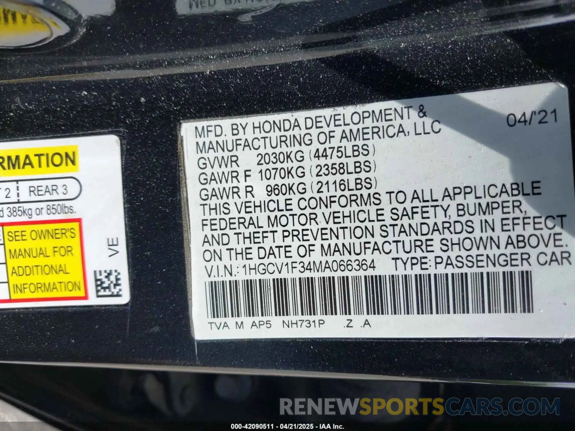 9 Photograph of a damaged car 1HGCV1F34MA066364 HONDA ACCORD 2021