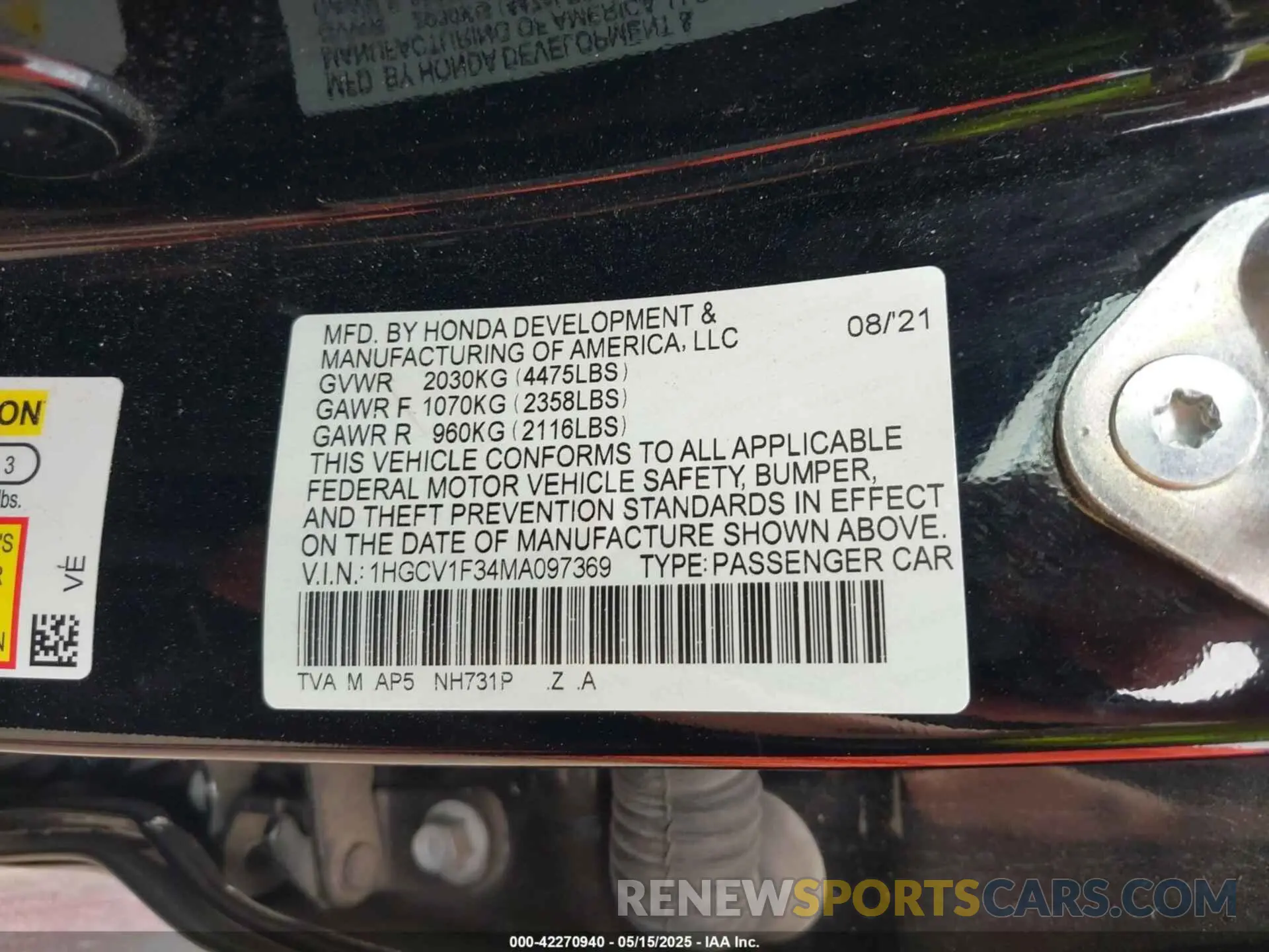 9 Photograph of a damaged car 1HGCV1F34MA097369 HONDA ACCORD 2021