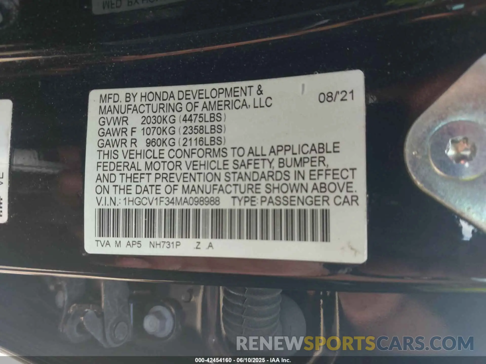 9 Photograph of a damaged car 1HGCV1F34MA098988 HONDA ACCORD 2021