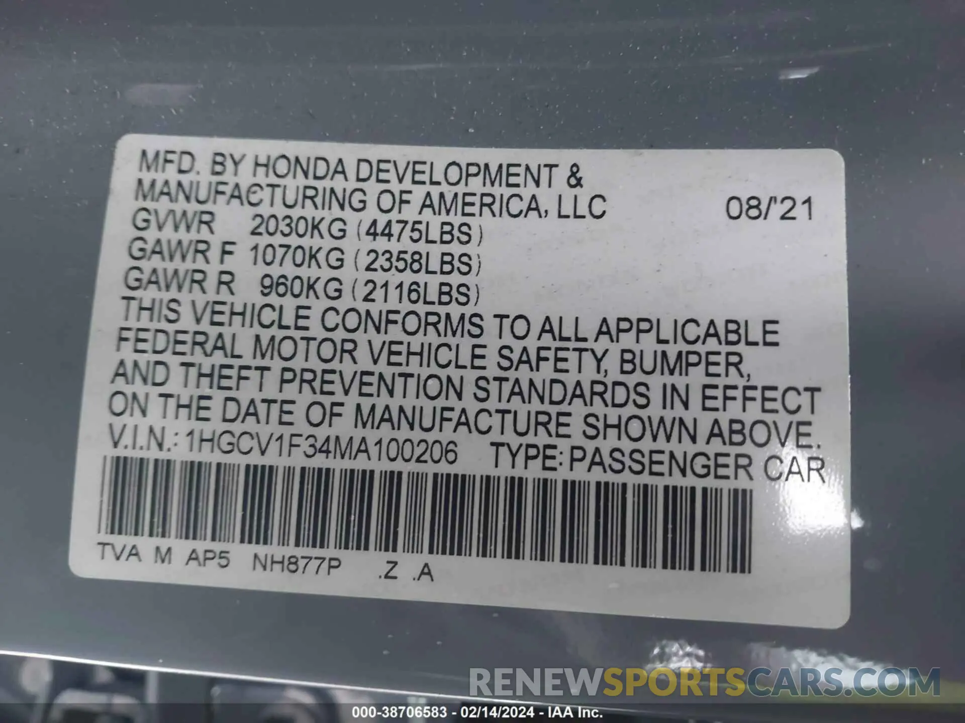9 Photograph of a damaged car 1HGCV1F34MA100206 HONDA ACCORD 2021