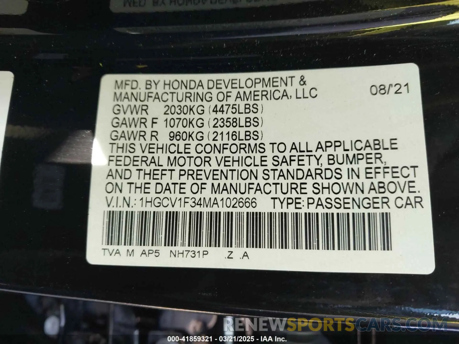 9 Photograph of a damaged car 1HGCV1F34MA102666 HONDA ACCORD 2021