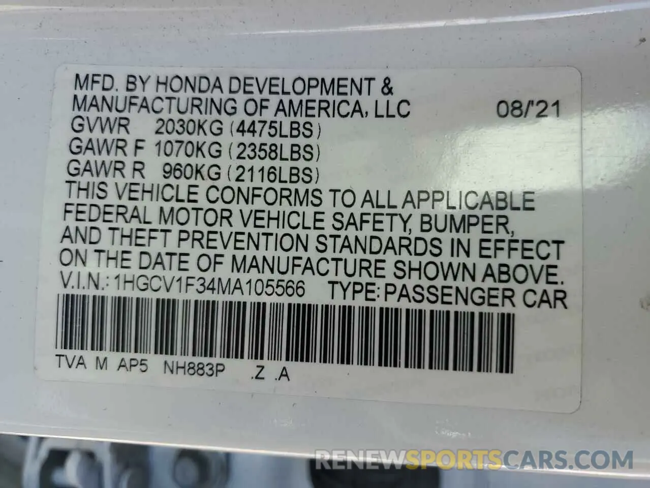 12 Photograph of a damaged car 1HGCV1F34MA105566 HONDA ACCORD 2021
