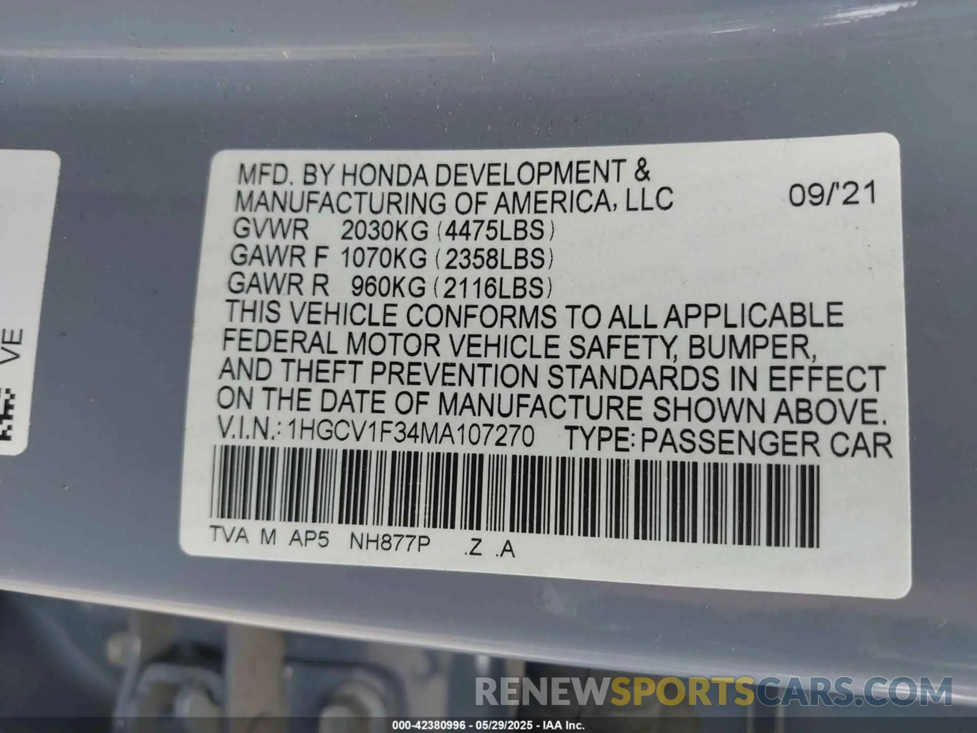 9 Photograph of a damaged car 1HGCV1F34MA107270 HONDA ACCORD 2021