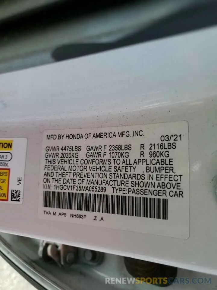 14 Photograph of a damaged car 1HGCV1F35MA055289 HONDA ACCORD 2021