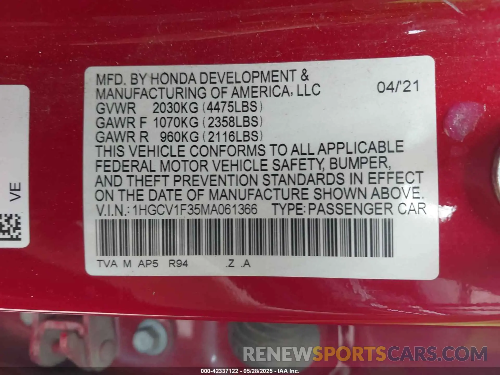 9 Photograph of a damaged car 1HGCV1F35MA061366 HONDA ACCORD 2021