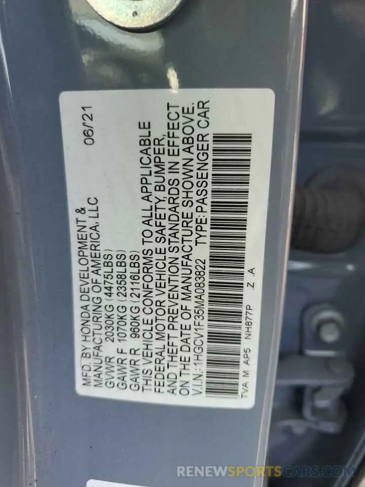 13 Photograph of a damaged car 1HGCV1F35MA083822 HONDA ACCORD 2021