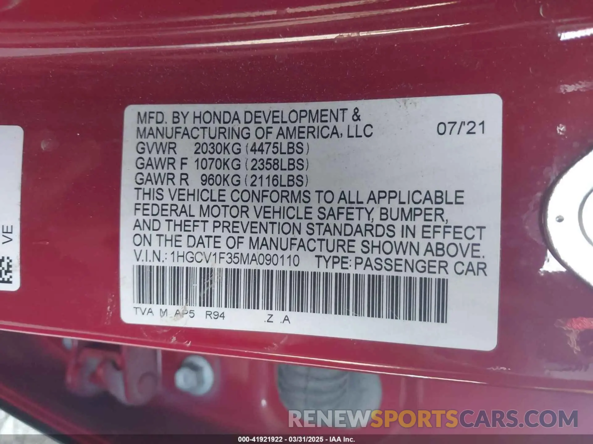 9 Photograph of a damaged car 1HGCV1F35MA090110 HONDA ACCORD 2021